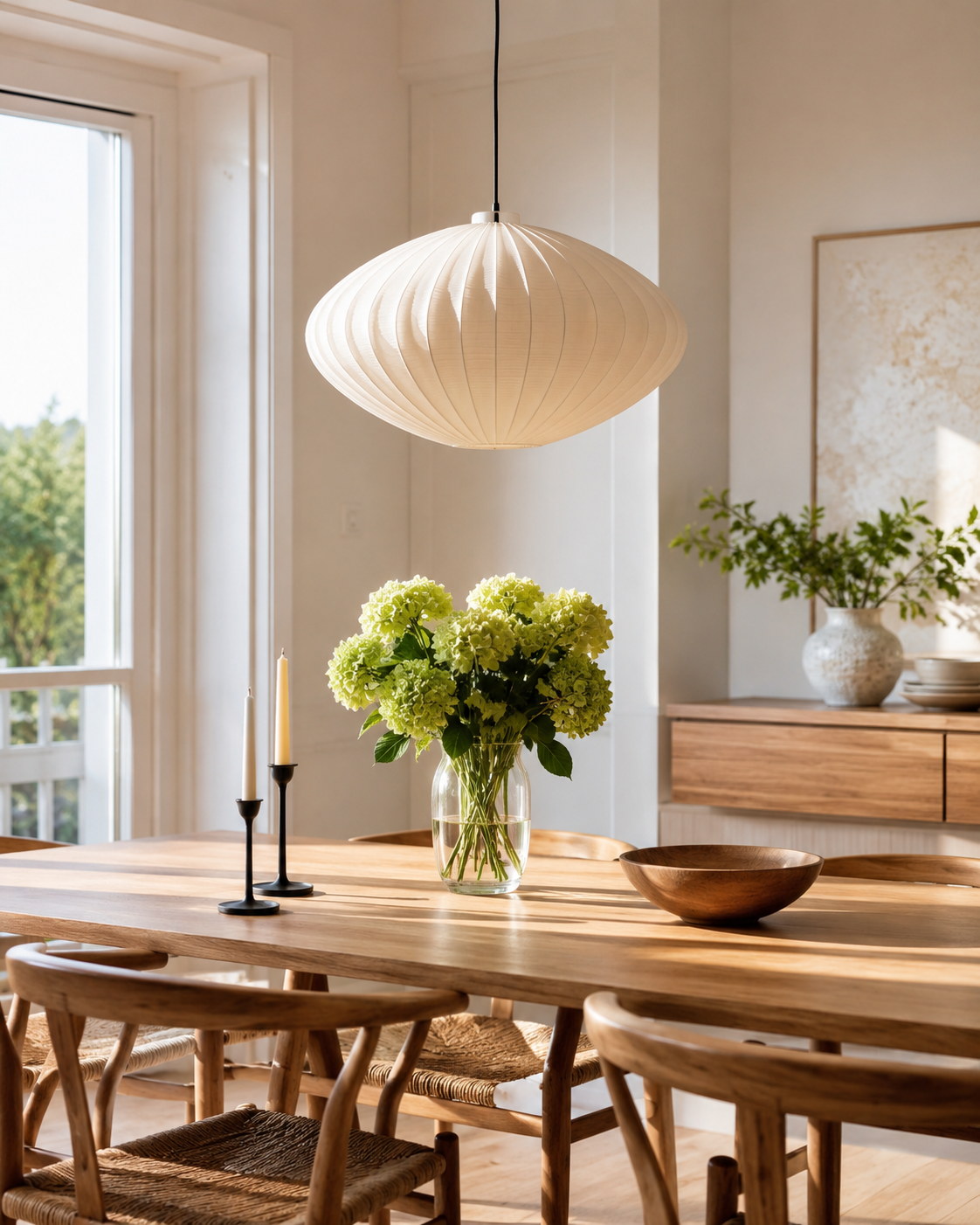 Matplats med elegant pendel över ett träbord
